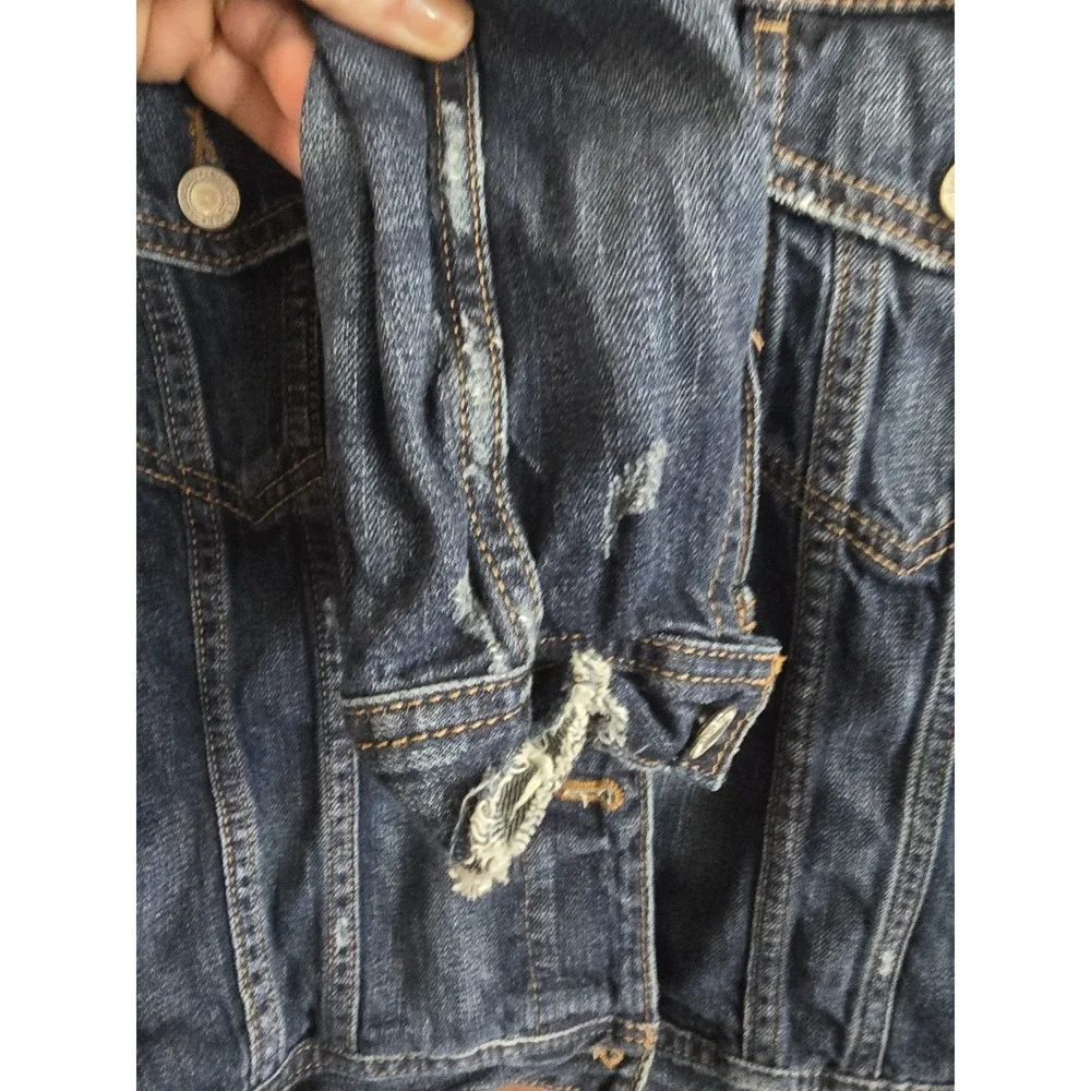 American‎ Eagle Jacket Womens Medium Denim Distressed Dark Blue Trucker Jean LS